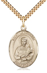 [7063GF/24G] 14kt Gold Filled Saint Lawrence Pendant on a 24 inch Gold Plate Heavy Curb chain