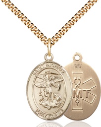 [7076GF10/24G] 14kt Gold Filled Saint Michael EMT Pendant on a 24 inch Gold Plate Heavy Curb chain