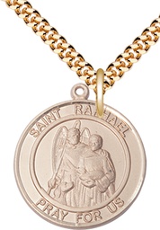 [7092RDGF/24G] 14kt Gold Filled Saint Raphael the Archangel Pendant on a 24 inch Gold Plate Heavy Curb chain