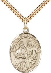 [7132GF/24G] 14kt Gold Filled Saints Cosmas &amp; Damian Pendant on a 24 inch Gold Plate Heavy Curb chain