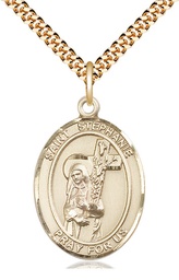 [7228GF/24G] 14kt Gold Filled Saint Stephanie Pendant on a 24 inch Gold Plate Heavy Curb chain