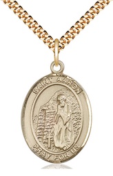 [7254GF/24G] 14kt Gold Filled Saint Aaron Pendant on a 24 inch Gold Plate Heavy Curb chain