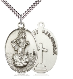 [5679SS/24S] Sterling Silver Our Lady of Medugorje Pendant on a 24 inch Light Rhodium Heavy Curb chain