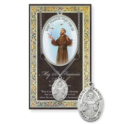 [HI-950-310] St. Francis Genuine Pewter Medal on a 24&quot; Chain with Biography and Picture Folder