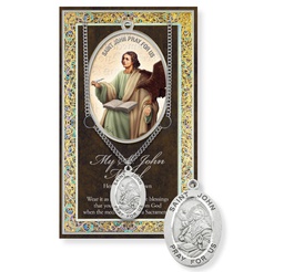 [HI-950-470] St. John Genuine Pewter Medal on a 24&quot; Chain with Biography and Picture Folder
