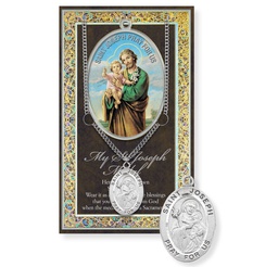 [HI-950-632] St. Joseph Genuine Pewter Medal on a 24&quot; Chain with Biography and Picture Folder