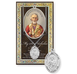 [HI-950-508] St. Nicholas Genuine Pewter Medal on a 24&quot; Chain with Biography and Picture Folder