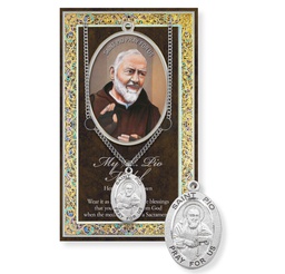 [HI-950-522] St. Pio Genuine Pewter Medal on a 24&quot; Chain with Biography and Picture Folder