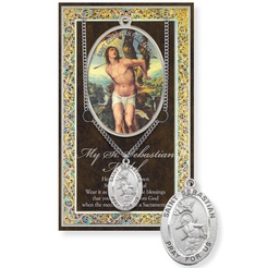 [HI-950-540] St. Sebastian Genuine Pewter Medal on a 24&quot; Chain with Biography and Picture Folder