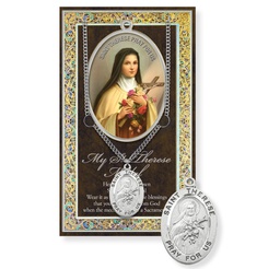 [HI-950-340] St. Therese Genuine Pewter Medal on a 24&quot; Chain with Biography and Picture Folder
