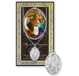 [HI-950-558] St. Veronica Genuine Pewter Medal on a 24&quot; Chain with Biography and Picture Folder