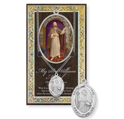 [HI-950-564] St. William Genuine Pewter Medal on a 24&quot; Chain with Biography and Picture Folder