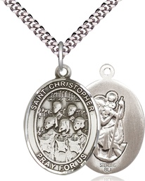 [7514SS/24S] Sterling Silver Saint Christopher Choir Pendant on a 24 inch Light Rhodium Heavy Curb chain