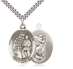 [7515SS/24S] Sterling Silver Saint Christopher Karate Pendant on a 24 inch Light Rhodium Heavy Curb chain