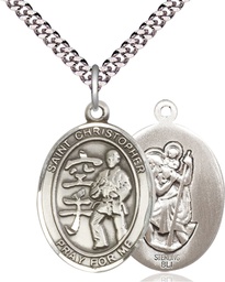 [7515SS/24S] Sterling Silver Saint Christopher Karate Pendant on a 24 inch Light Rhodium Heavy Curb chain