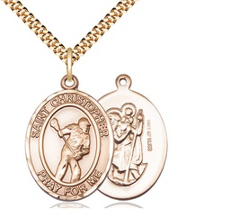 [7516GF/24G] 14kt Gold Filled Saint Christopher Lacrosse Pendant on a 24 inch Gold Plate Heavy Curb chain