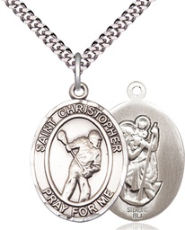 [7516SS/24S] Sterling Silver Saint Christopher Lacrosse Pendant on a 24 inch Light Rhodium Heavy Curb chain