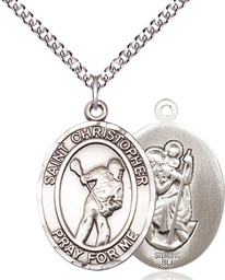 [7516SS/24SS] Sterling Silver Saint Christopher Lacrosse Pendant on a 24 inch Sterling Silver Heavy Curb chain