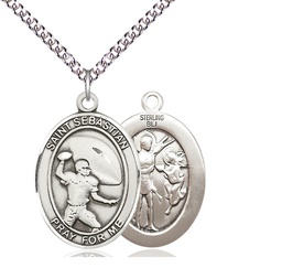 [7601SS/24SS] Sterling Silver Saint Sebastian Football Pendant on a 24 inch Sterling Silver Heavy Curb chain