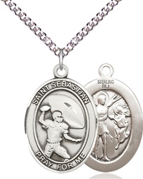 [7601SS/24SS] Sterling Silver Saint Sebastian Football Pendant on a 24 inch Sterling Silver Heavy Curb chain