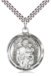 [0036KSS/24S] Sterling Silver Saint Joseph Pendant on a 24 inch Light Rhodium Heavy Curb chain