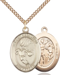 [7602GF/24GF] 14kt Gold Filled Saint Sebastian Basketball Pendant on a 24 inch Gold Filled Heavy Curb chain