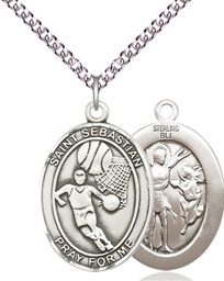 [7602SS/24SS] Sterling Silver Saint Sebastian Basketball Pendant on a 24 inch Sterling Silver Heavy Curb chain