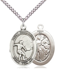 [7603SS/24SS] Sterling Silver Saint Sebastian Soccer Pendant on a 24 inch Sterling Silver Heavy Curb chain