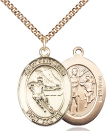 [7604GF/24GF] 14kt Gold Filled Saint Sebastian Hockey Pendant on a 24 inch Gold Filled Heavy Curb chain