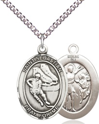 [7604SS/24SS] Sterling Silver Saint Sebastian Hockey Pendant on a 24 inch Sterling Silver Heavy Curb chain