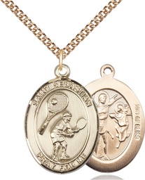 [7605GF/24GF] 14kt Gold Filled Saint Sebastian Tennis Pendant on a 24 inch Gold Filled Heavy Curb chain