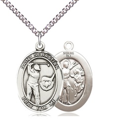 [7606SS/24SS] Sterling Silver Saint Sebastian Golf Pendant on a 24 inch Sterling Silver Heavy Curb chain