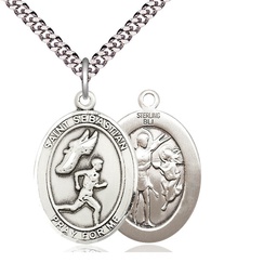 [7609SS/24S] Sterling Silver Saint Sebastian Track and Field Pendant on a 24 inch Light Rhodium Heavy Curb chain