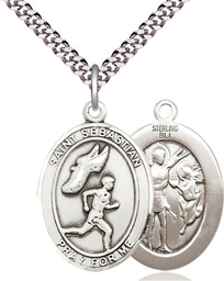 [7609SS/24S] Sterling Silver Saint Sebastian Track and Field Pendant on a 24 inch Light Rhodium Heavy Curb chain