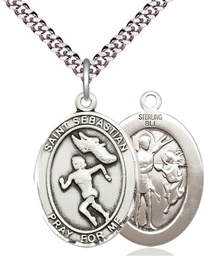 [7610SS/24S] Sterling Silver Saint Sebastian Track and Field Pendant on a 24 inch Light Rhodium Heavy Curb chain