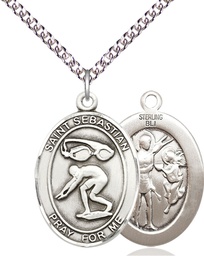 [7611SS/24SS] Sterling Silver Saint Sebastian Swimming Pendant on a 24 inch Sterling Silver Heavy Curb chain