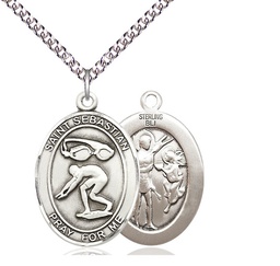 [7611SS/24SS] Sterling Silver Saint Sebastian Swimming Pendant on a 24 inch Sterling Silver Heavy Curb chain