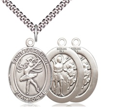 [7612SS/24S] Sterling Silver Saint Sebastian Dance Pendant on a 24 inch Light Rhodium Heavy Curb chain