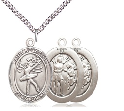 [7612SS/24SS] Sterling Silver Saint Sebastian Dance Pendant on a 24 inch Sterling Silver Heavy Curb chain