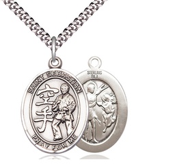 [7615SS/24S] Sterling Silver Saint Sebastian Karate Pendant on a 24 inch Light Rhodium Heavy Curb chain