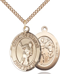 [7616GF/24GF] 14kt Gold Filled Saint Sebastian Lacrosse Pendant on a 24 inch Gold Filled Heavy Curb chain