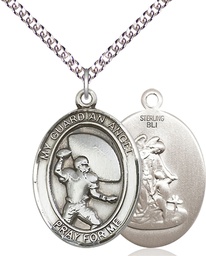 [7701SS/24SS] Sterling Silver Guardian Angel Football Pendant on a 24 inch Sterling Silver Heavy Curb chain