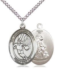 [7702SS/24SS] Sterling Silver Guardian Angel Basketball Pendant on a 24 inch Sterling Silver Heavy Curb chain