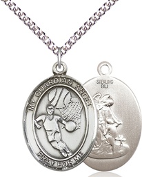 [7702SS/24SS] Sterling Silver Guardian Angel Basketball Pendant on a 24 inch Sterling Silver Heavy Curb chain