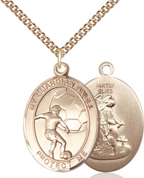 [7703GF/24GF] 14kt Gold Filled Guardian Angel Soccer Pendant on a 24 inch Gold Filled Heavy Curb chain