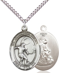 [7703SS/24SS] Sterling Silver Guardian Angel Soccer Pendant on a 24 inch Sterling Silver Heavy Curb chain