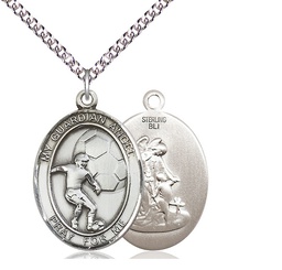 [7703SS/24SS] Sterling Silver Guardian Angel Soccer Pendant on a 24 inch Sterling Silver Heavy Curb chain