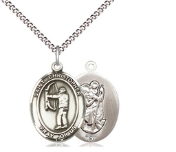[9190SS/18S] Sterling Silver Saint Christopher Archery Pendant on a 18 inch Light Rhodium Light Curb chain