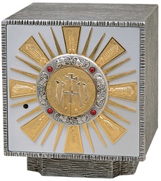 [K-658] Tabernacle.  Oxidized silver with gold rays. Four ruby stones.  24k bright gold plated inside.  Outside dimensions: 11-1/4?H. x 9-3/4?W. x 9-3/4?D.  Door opening: 8-1/2?H. x 8-1/4?W. Wt. 36 lbs.  Silver as shown.