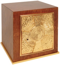 [K-905] Tabernacle.  Wood with 24k gold plate door, base frame and interior.  24k bright gold plated inside.  11?H. x 10?W. x 10?D  Door opening: 7?H. x 6-1/2?W.  Wt. 19 lbs.